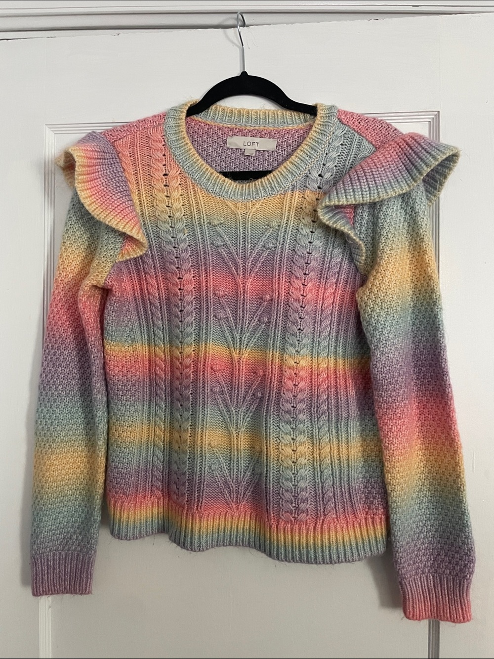 LOFT Pastel Multicolor Ruffle-Shoulder Cable Knit Crew Sweater